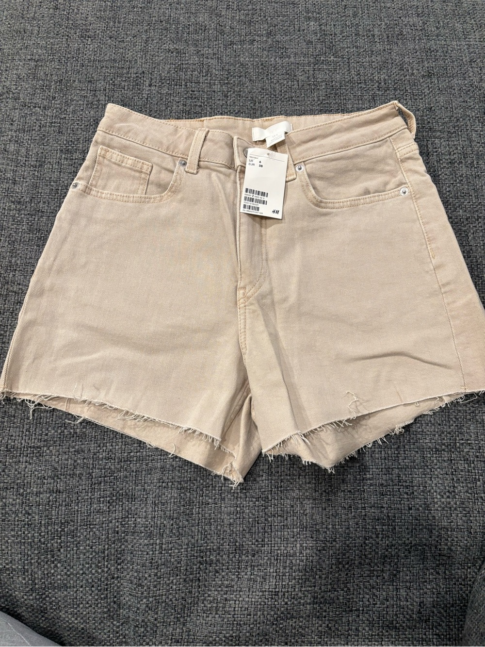 H&M Beige High-Rise Frayed Hem Jean Shorts